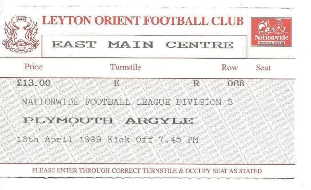 Ticket: Leyton Orient v Plymouth Argyle - 19th April 1999