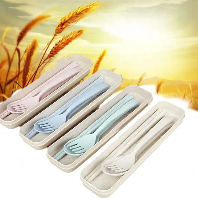 Wheat Cutlery Set Eco-friendly Reusable Dinner Tableware Kit Portable Box M8H2