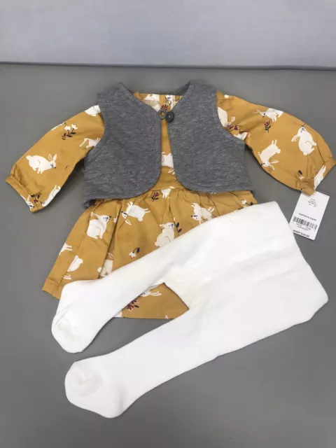 Carters  Baby Girl Size 3 Months Yellow Bunny 3-Piece Dress & Vest Set NWT