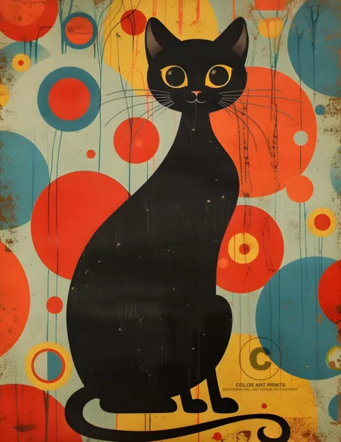 Black Cat Big Eyes Abstract Atomic Mid Century Modern Giclée Art Print 8.5X11