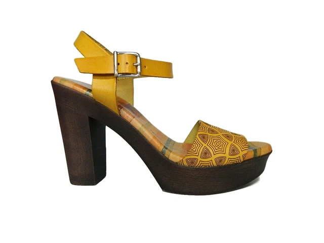 RAQUEL PEREZ 12978 Sandales Femmes Sabots Talon Haut Véritable Cuir Jaune