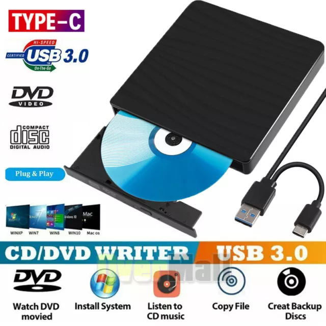 Slim External CD DVD Drive USB 3.0 Disc Player Burner Writer For Laptop PC Mac