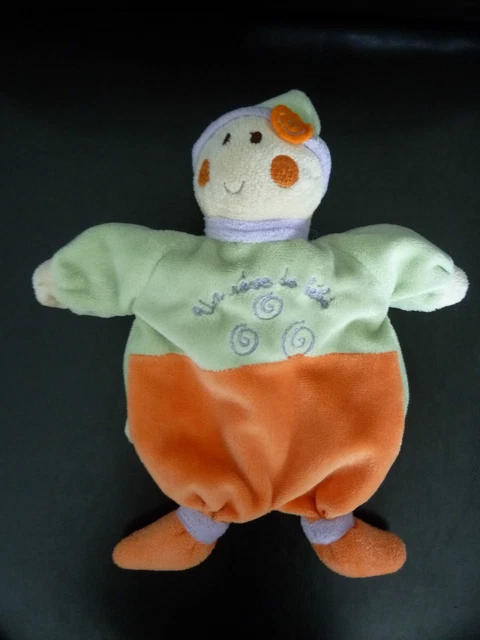 *. Doudou Plat Marionnette Un Reve De Bebe Cmp Poupee Lutin Vert Orange Et.neuf*