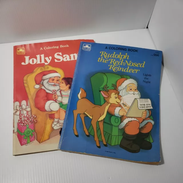 Lot-2 Vintage Golden Coloring Books Jolly Santa, Rudolph The Red-Nosed Reindeer