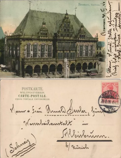 Ansichtskarte Bremen Rathaus, Straßenbahn - coloriert 1906