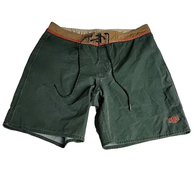 Deus Ex Machina Shorts Men 31 Green Brown Swim Trunk Board Tie Front Zip Pocket