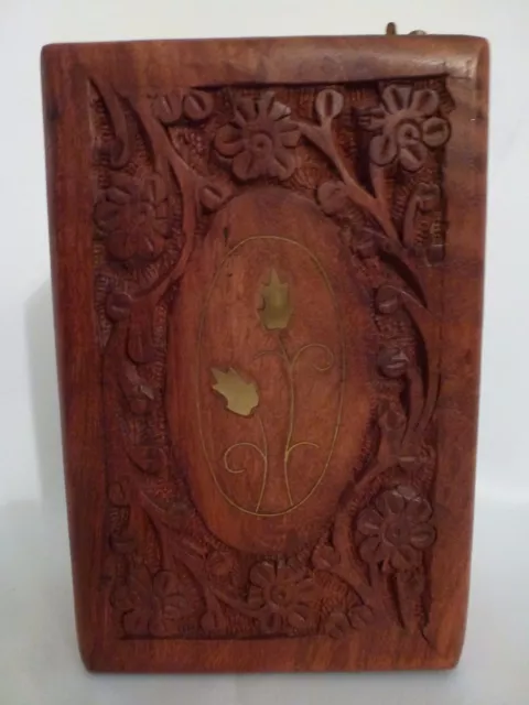 Hand Carved Wooden Trinket Jewelry Box Brass Floral Inlay & Hook Latch, India