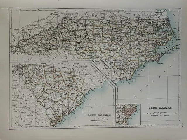 1897 North & South Carolina Original Antique Map by A & C Black