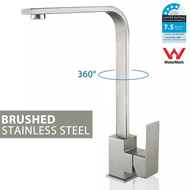 Brushed Stainless Steel Kitchen Mixer Tap Laundry Faucet Swivel Gooseneck Wels