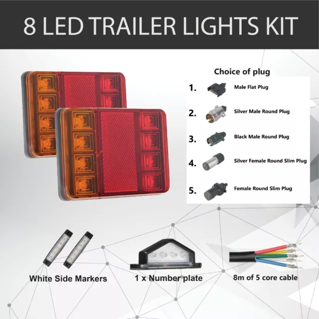 2 x 8 LED TRAILER LIGHTS KIT, Trailer Plug, CABLE, Side Marker, No. Plate Light