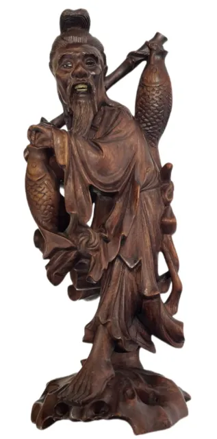 Shou Lao Xing Chinese Fisherman Man Carved Wood Detailed Vintage Statue 8"