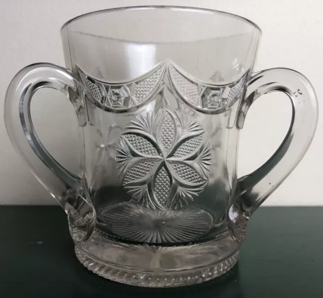 1890s Antique EAPG Pattern Glass 3 Handled Footed Hotel Sugar Bowl Star Flower