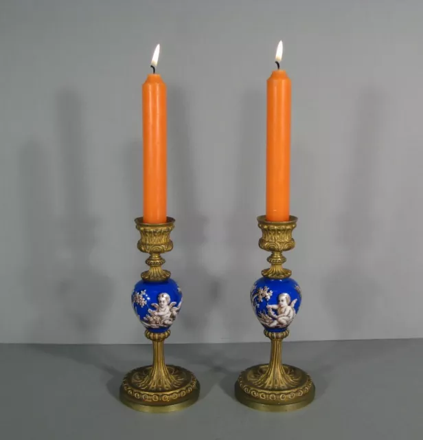 Paar Kerzenhalter Antik Stil Romantisches Bronze Porzellan Dekor Putten Liebe