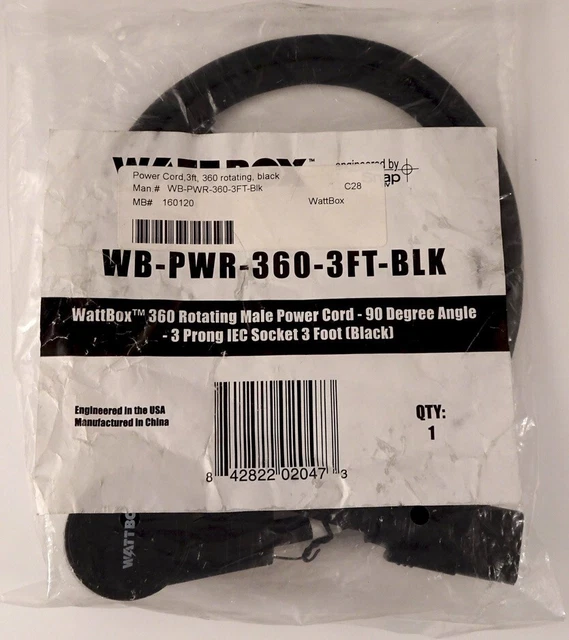 WattBox 360 Degree Rotating Male Power Cord with 3-Prong IEC Socket, 3 ft., NEW