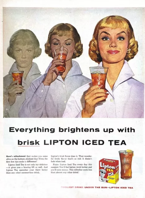 1956 Lipton Iced Tea Vintage Print Ad Lady Everything Brightens Up Brisk