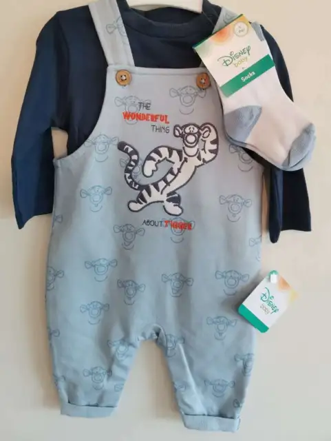 Disney Baby Boys Tigger Dungarees Top and Socks 3 Piece Outfit NEW