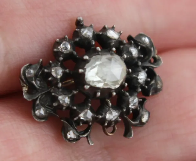 Antike Brosche wohl 17. Jh. Silber + 17x Altschliff Diamanten Rosen 1ct Rarität 3