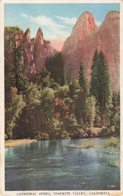 Yosemite Valley CA California, Cathedral Spires, Scenic View, Vintage Postcard