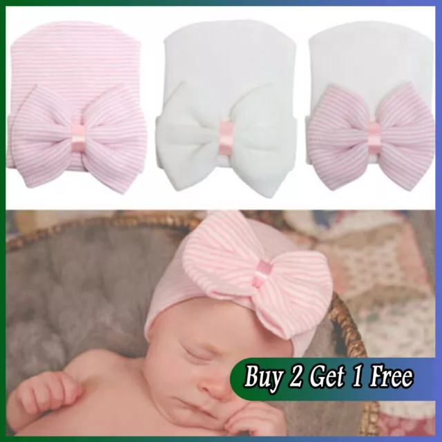 Newborn Baby Girl Infant Striped Soft Hat with Bow Cap Hospital Beanie Headband