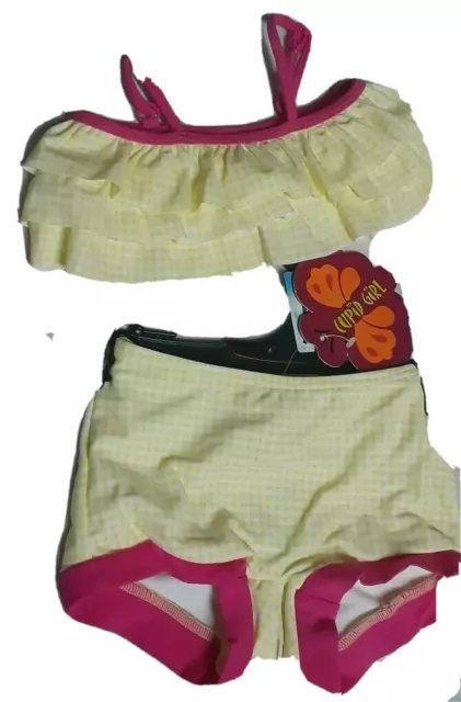 Pink Trim Yellow Check Frilly Cupid Girl Baby Girls Bikini Swimsuit Nwt Size 0 2