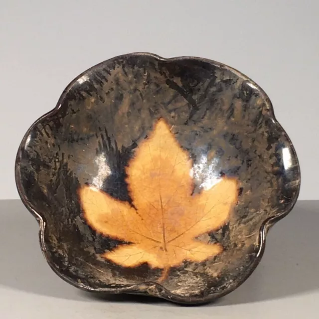 Chinese Song Jizhou Kiln Porcelain Black Glaze Leaf Shape Bowl 4.0 inch