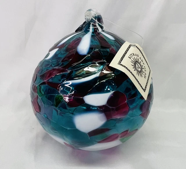 Kitras Big 5" Hand Blown Art Glass Ball Purple Blue Wave Garden Ornament NEW