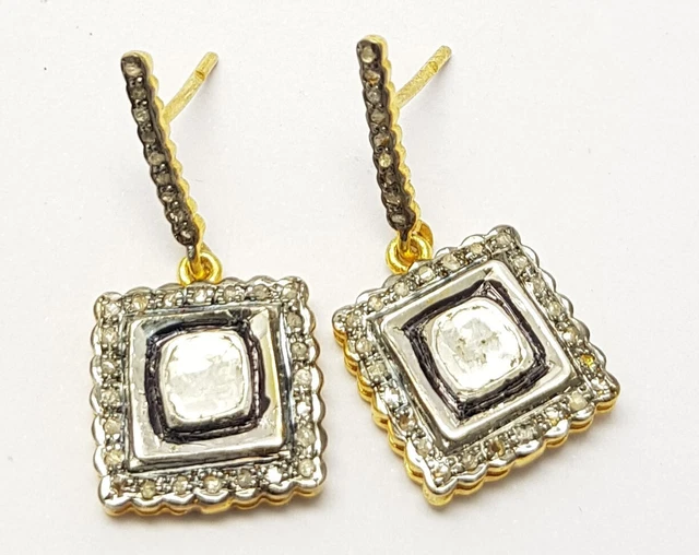Boucles D'oreilles Diamant Polki Argent 925 - Style Victorien, Fait Main