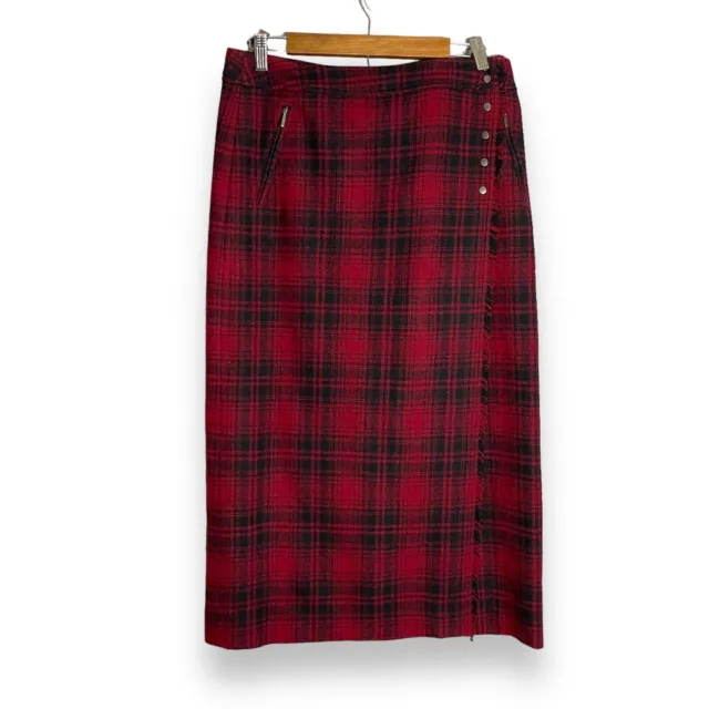 Womans LL Bean Vintage Wool Blend Wrap Skirt 8 Red Plaid Maxi Length Tartan Kilt