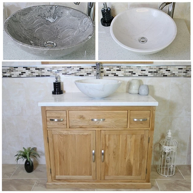 Bathroom Vanity Unit Oak Cabinet Wash Stand White Marble Top & Stone Basin 1161