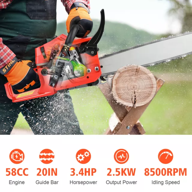 Petrol Commercial Chainsaw 20" Bar Chain Saw E-Start Tree Pruning Top Handle 58c