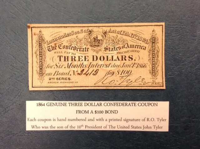 1864 $3 Genuine Confederate Civil War Bond Coupon ~ FREE US SHIPPING cd