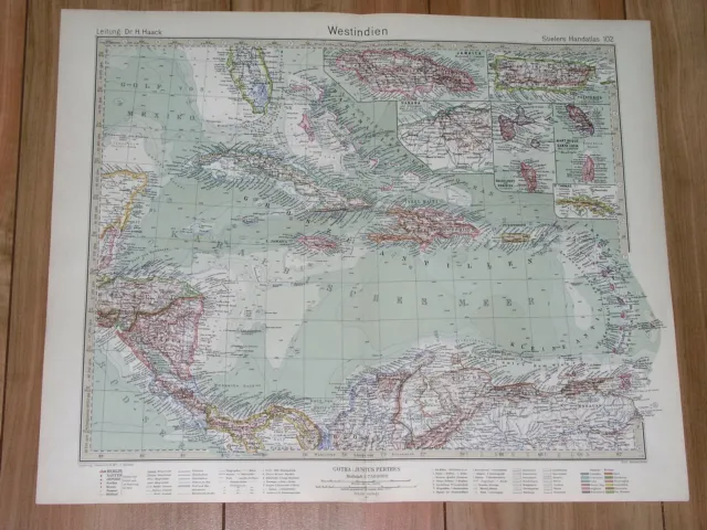 1927 Map Of West Indies Caribbean Antilles Cuba Florida Bahamas Puerto Rico