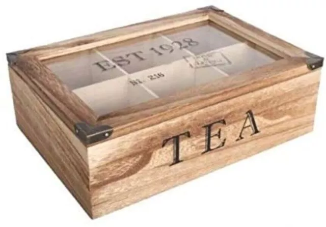 Wooden Tea Bag Box 6 Compartment Rustic Kitchen Decor Caddy Chest Storage Home