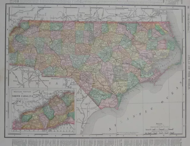 Original 1898 Rand McNally Map NORTH CAROLINA Raleigh Asheville Boone Railroads