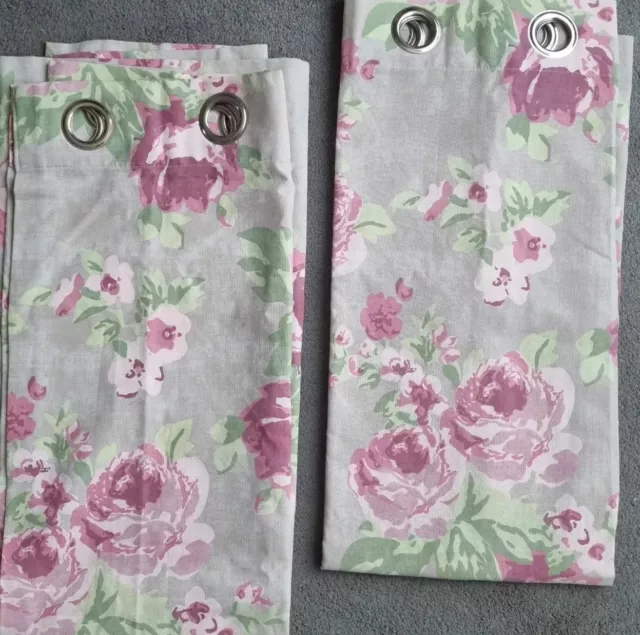 Next Eyelet Curtains Grey & Pink Floral Roses Print W53" x D54"