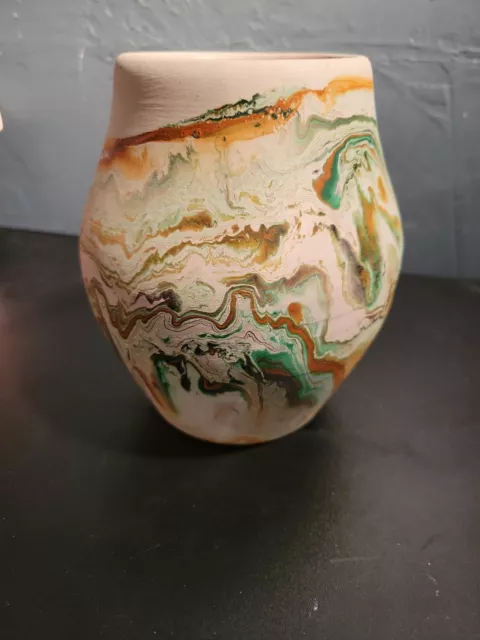 Vintage NEMADJI Art Pottery 5.5” Vase Pot Brown Orange Green Tan Swirl EUC