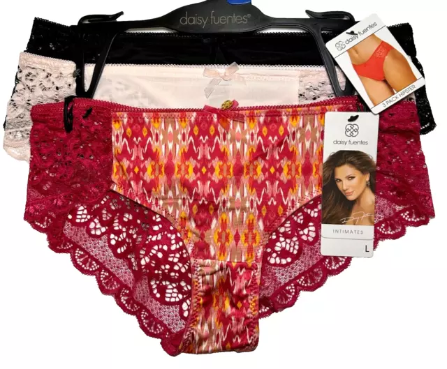 DAISY FUENTES 3-Pack Women's S or L Lace Hipster Panties Latte/Red/Black  Print