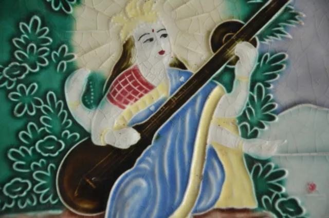 Vintage Fine Colorful Embossed Goddess Saraswati Ceramic Tile, Japan 3