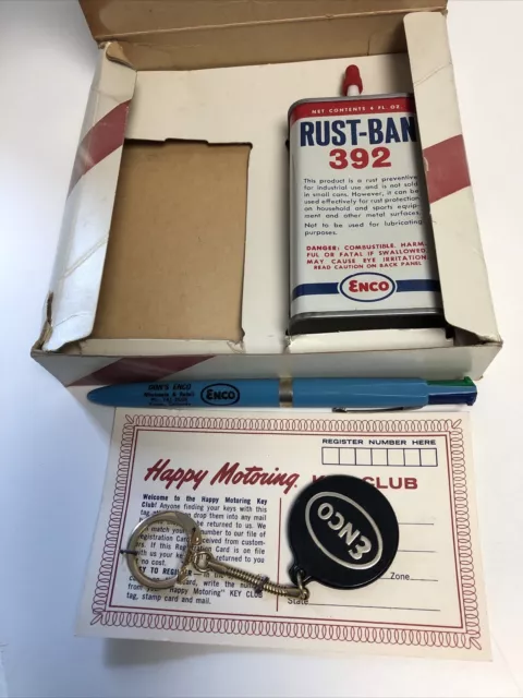 Vtg partial ENCO Happy Rust Ban Oil  Tin, keychain- Humble happy Motoring kit