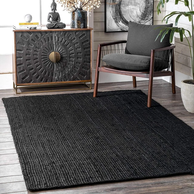 Rug Black Rectangle Jute Area 100% Braided Runner Rustic look Living Area Carpet