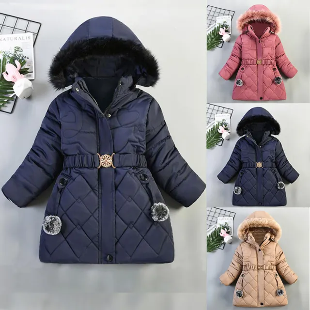 Belt Quilted Jackets Toddler Kids Girls Winter Warm Fur Collar Hooded Coat Ml002