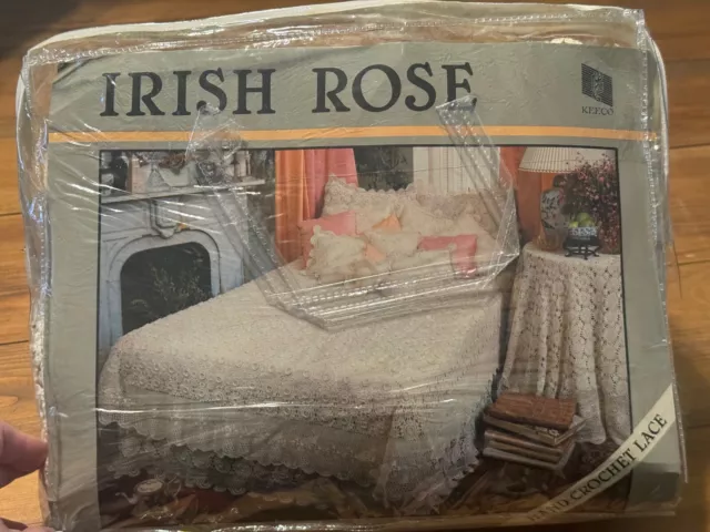 Vintage Keeco Irish Rose Hand Crochet Lace Bedspread-Queen-NWT
