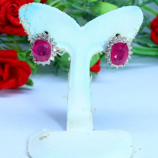 7 X 9 mm. OVAL CUT RED RUBY & WHITE cubic zirconia EARRINGS 925 STERLING SILVER