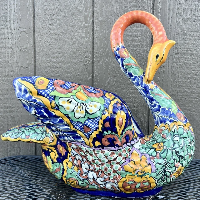 Talavera Planter Swan Mexican Folk Art Animal, Bird  Ceramic Pottery X Large 20”
