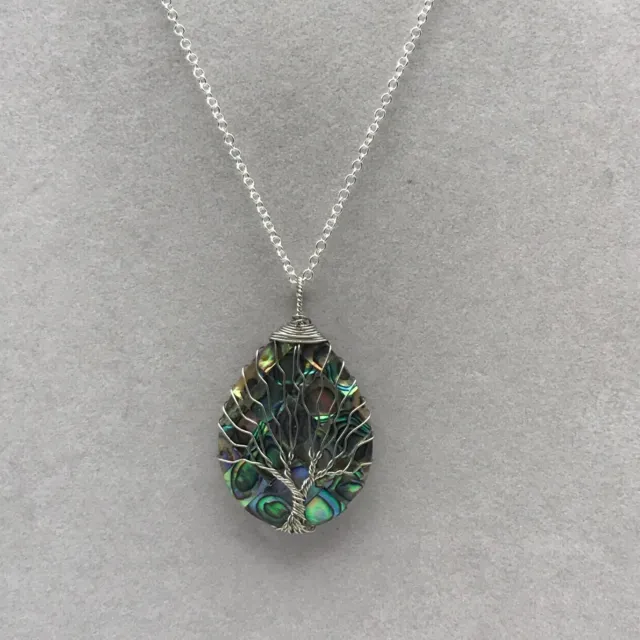 Tree of Life Wire Wrapped Abalone Shell Pendant Necklace Silver Chain