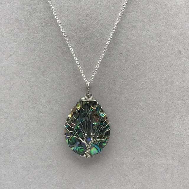 Tree of Life Wire Wrapped Abalone Shell Pendant Necklace Silver Chain