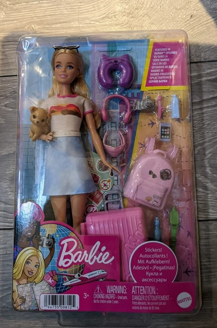 Barbie Doll and Accessories, 'Malibu' Travel Set with Puppy and 10+ Pieces  Including Working Suitcase 