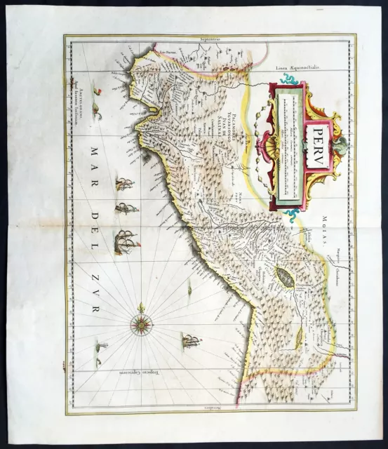 1639 Jan Jansson Original Antique Map of Peru, South America - Spanish Invasion