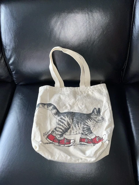 B Kliban Cat Red Sneakers Vintage 1975 White Cotton Canvas Tote Bag 14x11.5