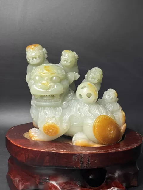Chinese Exquisite Handmade Lion carving Hetian Jade Statue